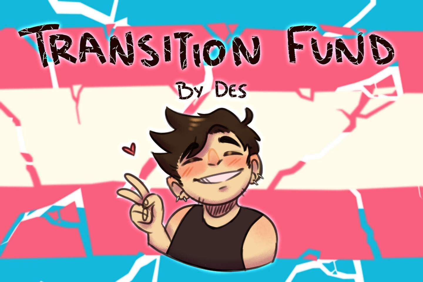 a person with short hair making a peace sign in front of a trans flag. above them the words "transition fund by des."